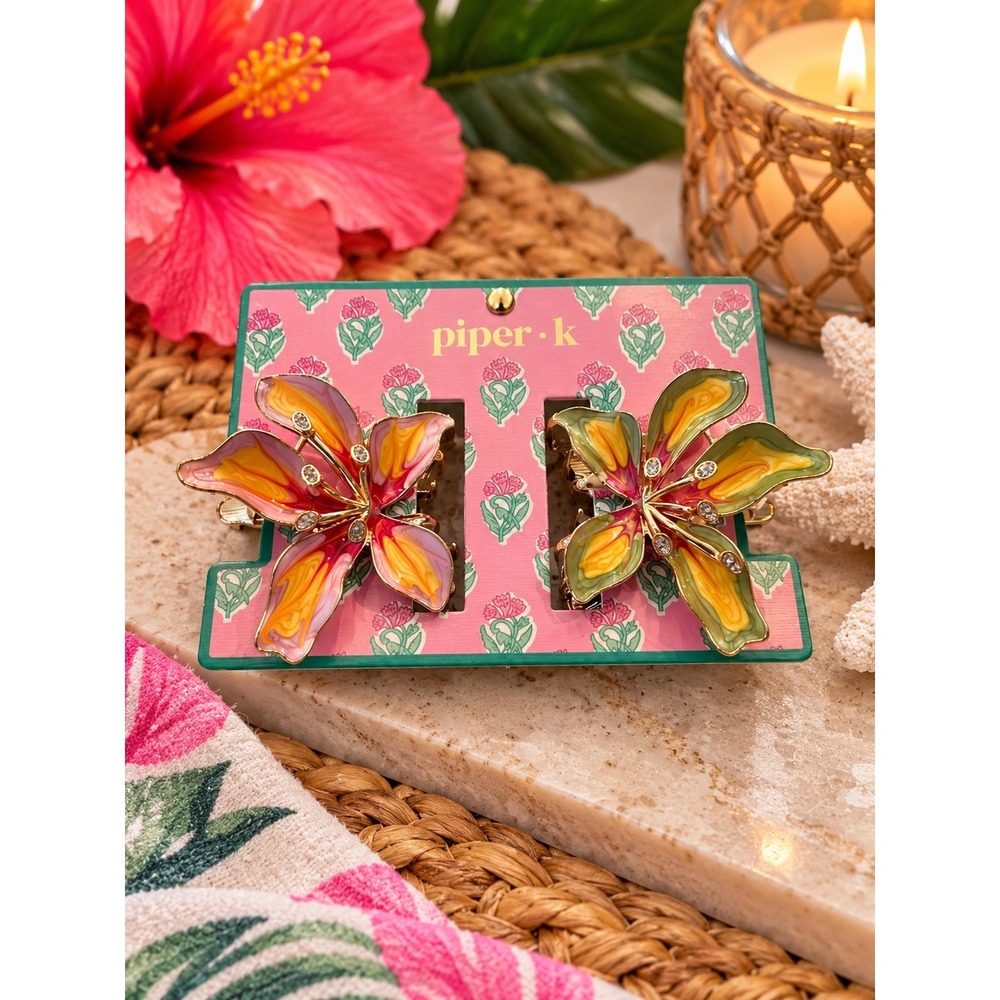 Piper K Lily Flower Hair Clip Set 2pc Enameled Tropical Floral Rhinestone Gold